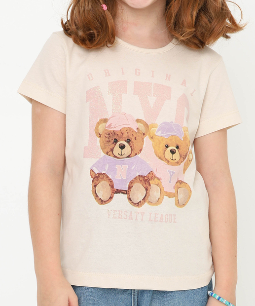 Blusa Infantil Manga Curta Estampa Urso Marisa Tam 4 a 10 Bege