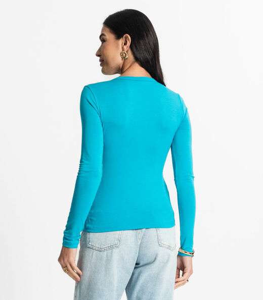 Blusa Manga Longa Decote V Básica Select Azul