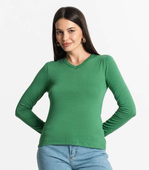 Blusa Manga Longa Decote V Básica Select Verde