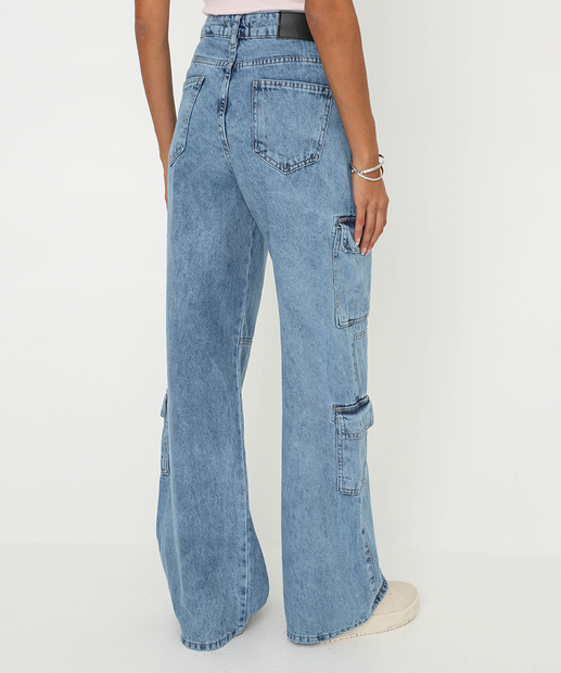 Calça Feminina Jeans Cargo Wide Leg Azul