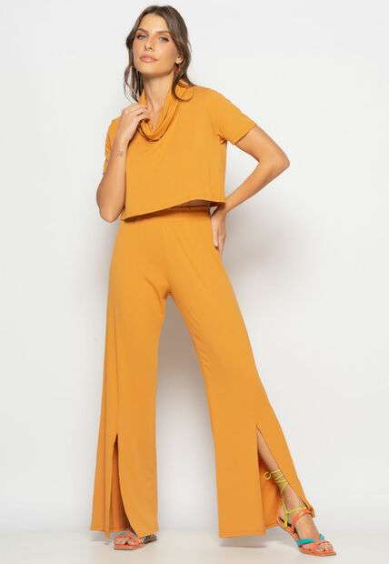 Image_Conjunto Cropped Golão E Calça Fenda Frontal Malha Caramelo Salvatore