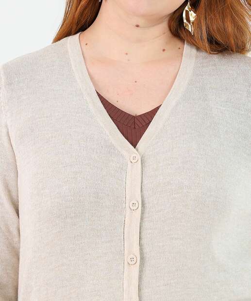 Cardigan Plus Size Feminino Tricô Mescla Marisa Bege