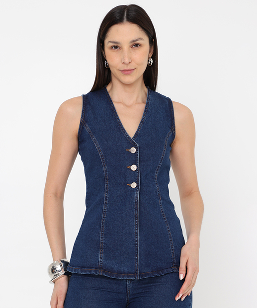 Image_Colete Feminino Jeans Alongado Botões Sawary Azul