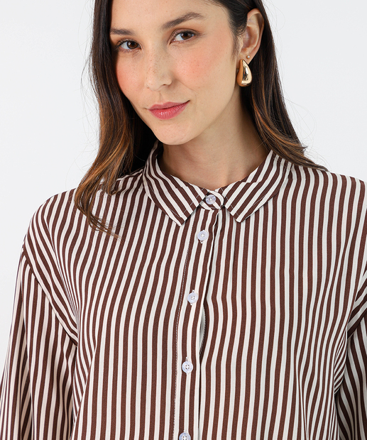 Camisa Feminina Listrada Manga Longa Marisa Off White