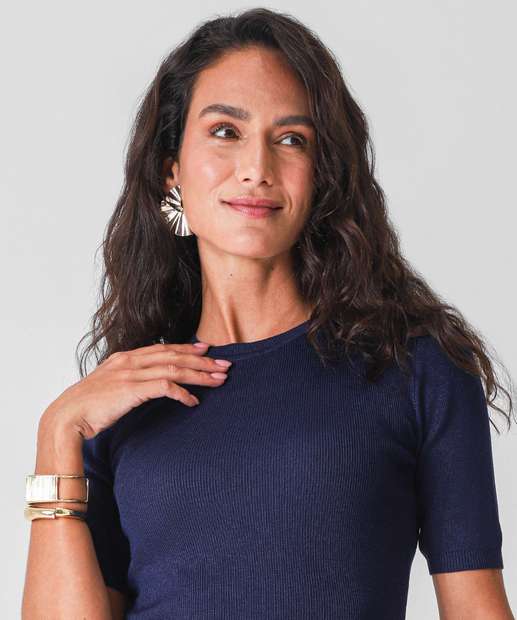 Blusa Feminina Canelada Manga Curta Marisa Azul