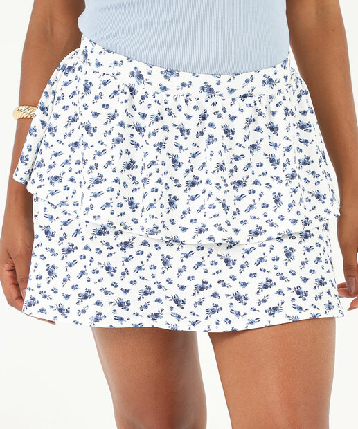 Saia de Babado Feminina Estampa Flores Marisa Off White