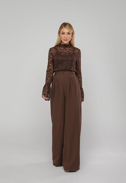 Blusa De Renda Com Manga Longa Flare Marrom Salvatore