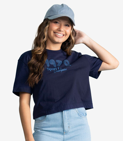 Image_T-Shirt Femina Cropped Meia Malha Estampa Minty Azul