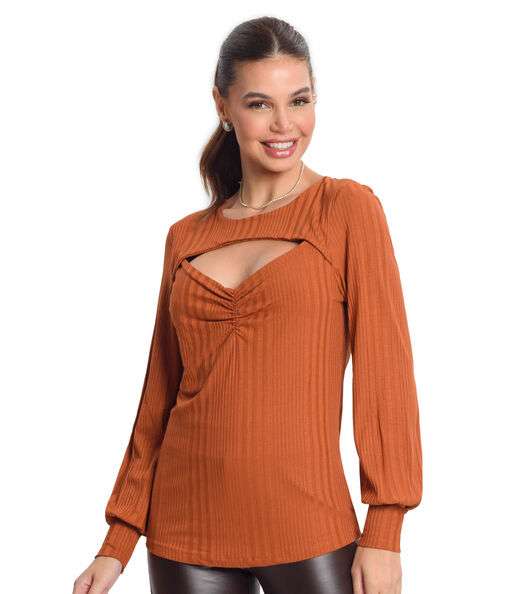 Blusa Manga Longa Canelada Rovitex Marrom