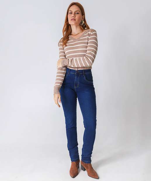 Suéter Feminino Listrado Gola V Marisa Bege