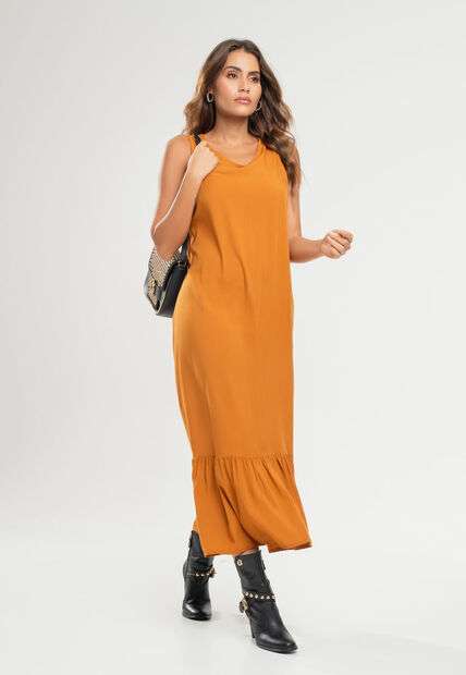 Vestido Midi Regata Babado Viscolinho Caramelo Salvatore Fashion