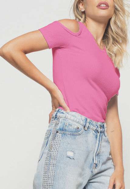 Blusa  Ombro Vazado Manga Curta Canelado Rosa