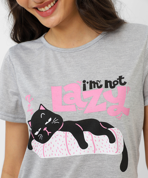 Pijama Feminino Estampa Gato Marisa Cinza