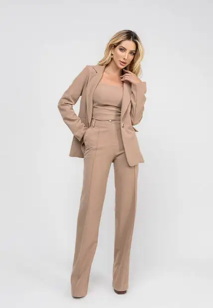 Calça Alfaiataria Reta Com Recorte Bege Salvatore