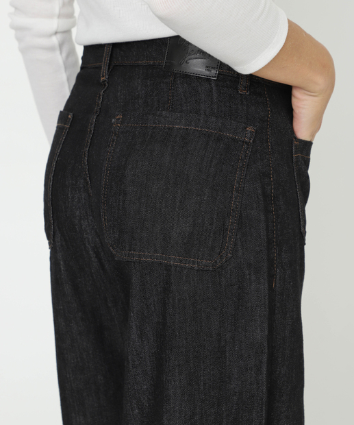 Calça Jeans Wide Leg Bolsos Feminina Preto