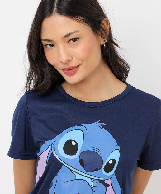 Pijama Feminino Manga Curta Stitch Disney Azul