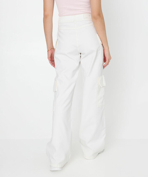 Calça Feminina Sarja Wide Leg Cargo Sawary Off White