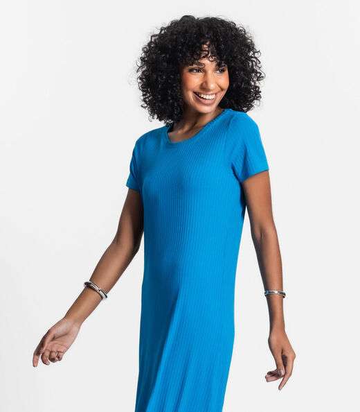 Vestido Midi Ribana Canelada Básico Rovitex Azul