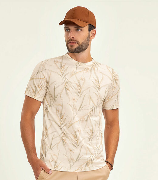 Camiseta Masculina Manga Curta Meia Malha Diametro Bege