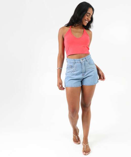 Top Cropped Feminino Carnaval Brilho Amarração Marisa Rosa