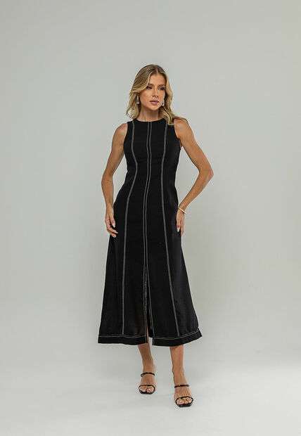 Image_Vestido Midi Com Fenda Frontal E Costura Contrastante Preto Salvatore