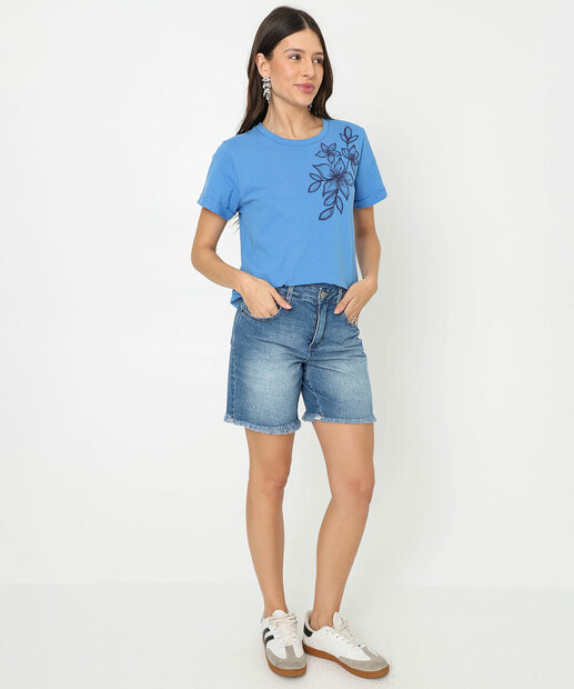 Blusa Feminina Flor Manga Curta Marisa Azul