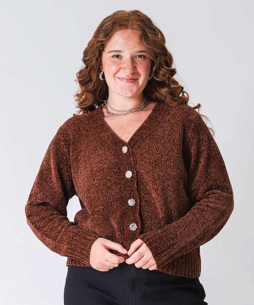Image_Cardigan Plus Size Feminino Chenille Botões Marisa Marrom