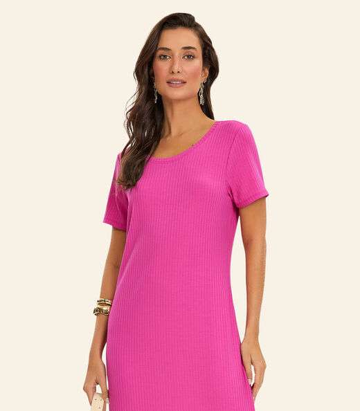 Vestido Midi Ribana Canelada Básico Rovitex Rosa