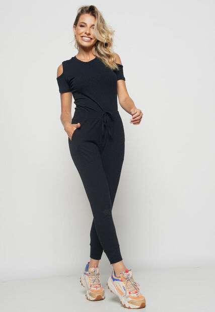 Conjunto  Comfy Com Blusa Ombro Vazado e Jogger Canelada Preto Salvatore Fashion