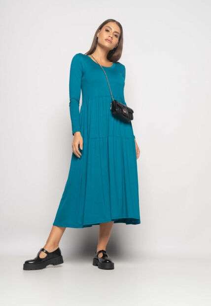 Image_Vestido Midi Manga Longa Com Babado Malha Azul Salvatore
