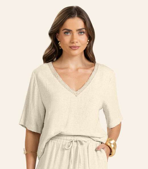 T- shirt em V Feminina Endless Bege