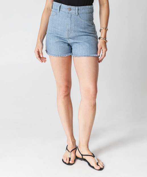 Short Jeans Feminino Cintura Alta Barra Desfiada Azul