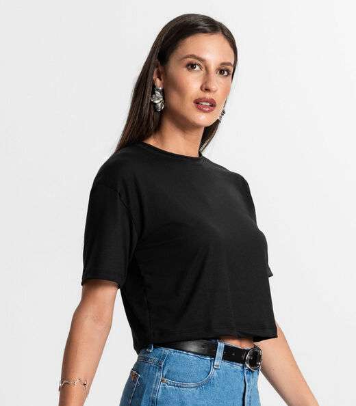 Blusa Cropped Manga Curta Rovitex Preto