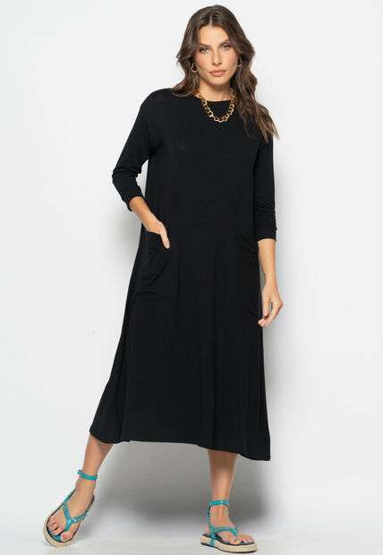 Image_Vestido Midi Com Bolsos E Manga 7/8 Preto Salvatore