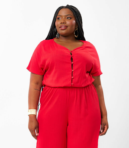 Macacão Plus Size Em Viscose Slub Secret Glam Vermelho