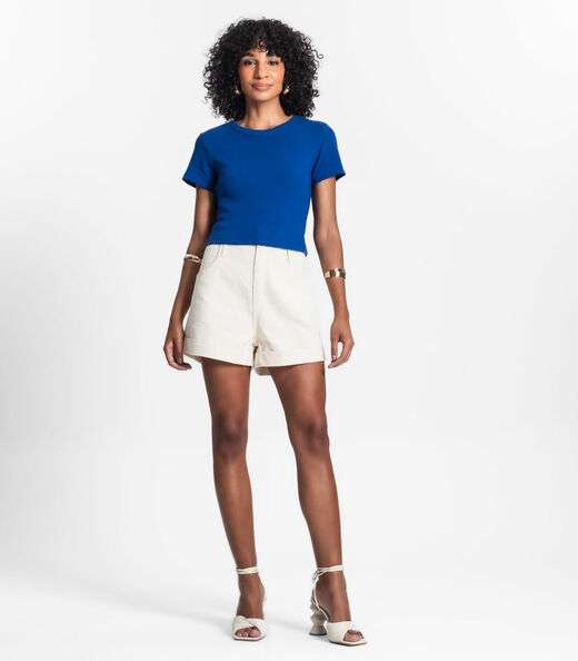 Blusa Cropped Ribana Básica Rovitex Azul