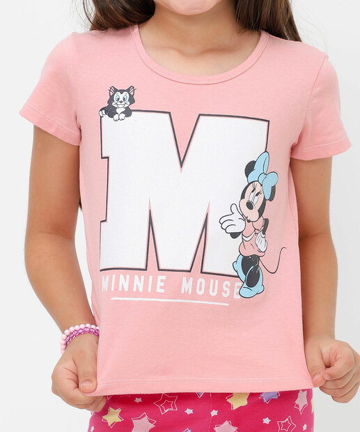 Blusa Infantil Manga Curta Minnie Disney Tam 4 a 10 Rosa