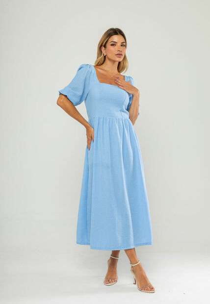 Image_Vestido Longo Com Decote Reto E Manga Bufante 3/4 Azul Salvatore