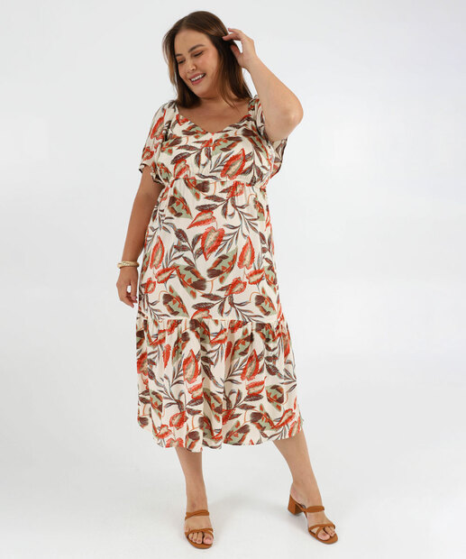 Image_Vestido Plus Size Feminino Midi Folhas Marisa Bege