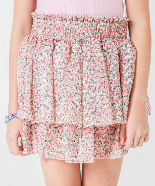 Short Saia Juvenil Floral Babados Marisa Tam 10 a 16 Rosa