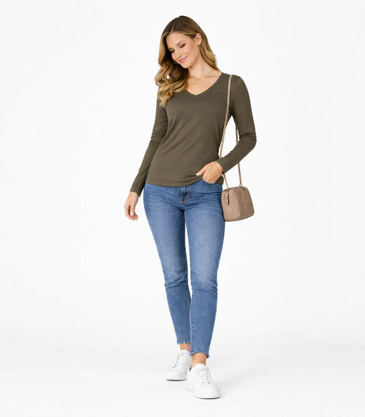 Blusa Manga Longa Decote V Básica Select Verde