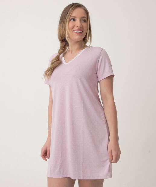 Camisola Estampa Poá Recorte Renda Manga Curta Marisa Lilás