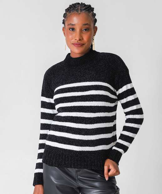 Image_Suéter Feminino Chenille Listrado Marisa Preto