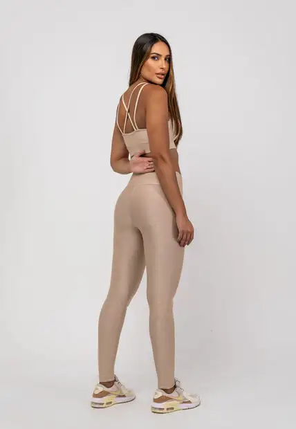 Top Suplex Canelado Brilho Decote e Tiras Bege Salvatore Fashion