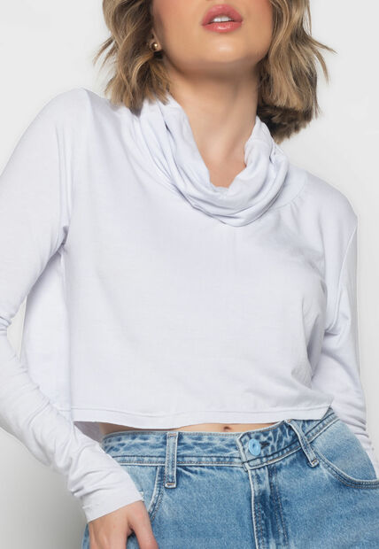 Cropped Golão Manga Longa Malha  Fashion Branco