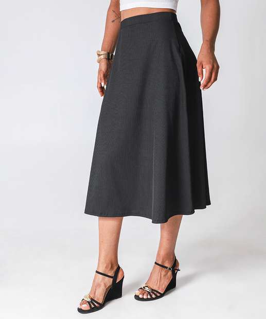 Saia Feminina Midi Evasê Canelada Marisa Preto