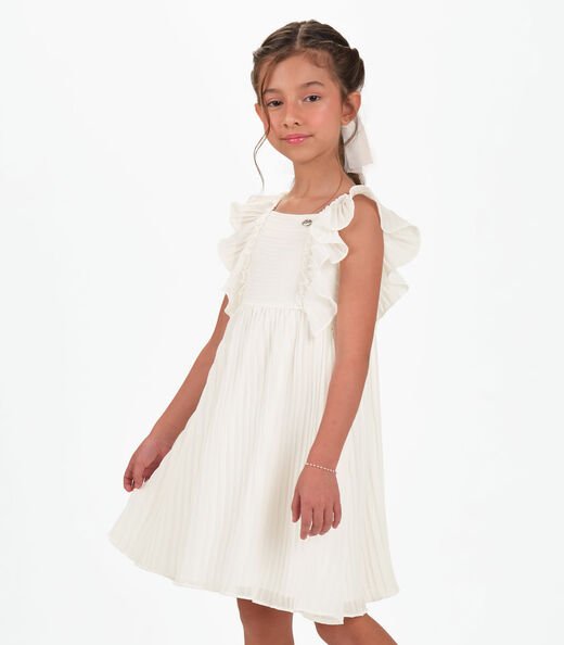 Vestido Chiffon Plissado Infantil Trick Nick Bege