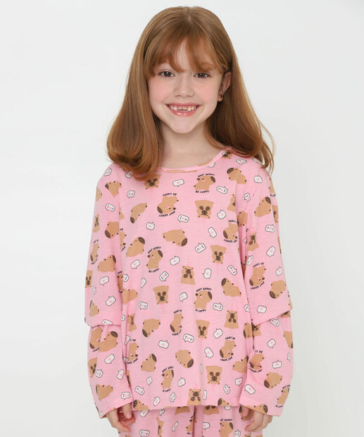 Pijama Infantil Estampa Capivara Marisa Tam 04 ao 12 Rosa