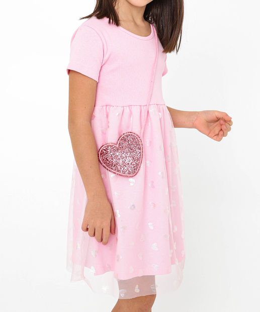 Vestido Infantil Tule Coração Foil Bolsa Marisa Tam 4 a 10 Rosa