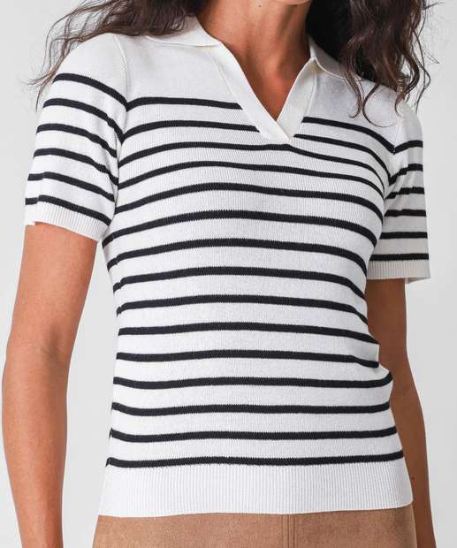 Blusa Polo Feminina Listrada Manga Curta Marisa Off White
